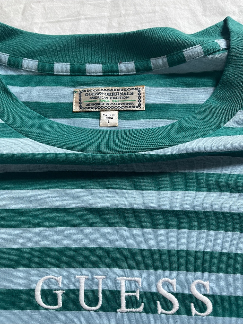 GUESS Green and Light Blue Striped Short Sleeve Tee - Picture 2 of 4